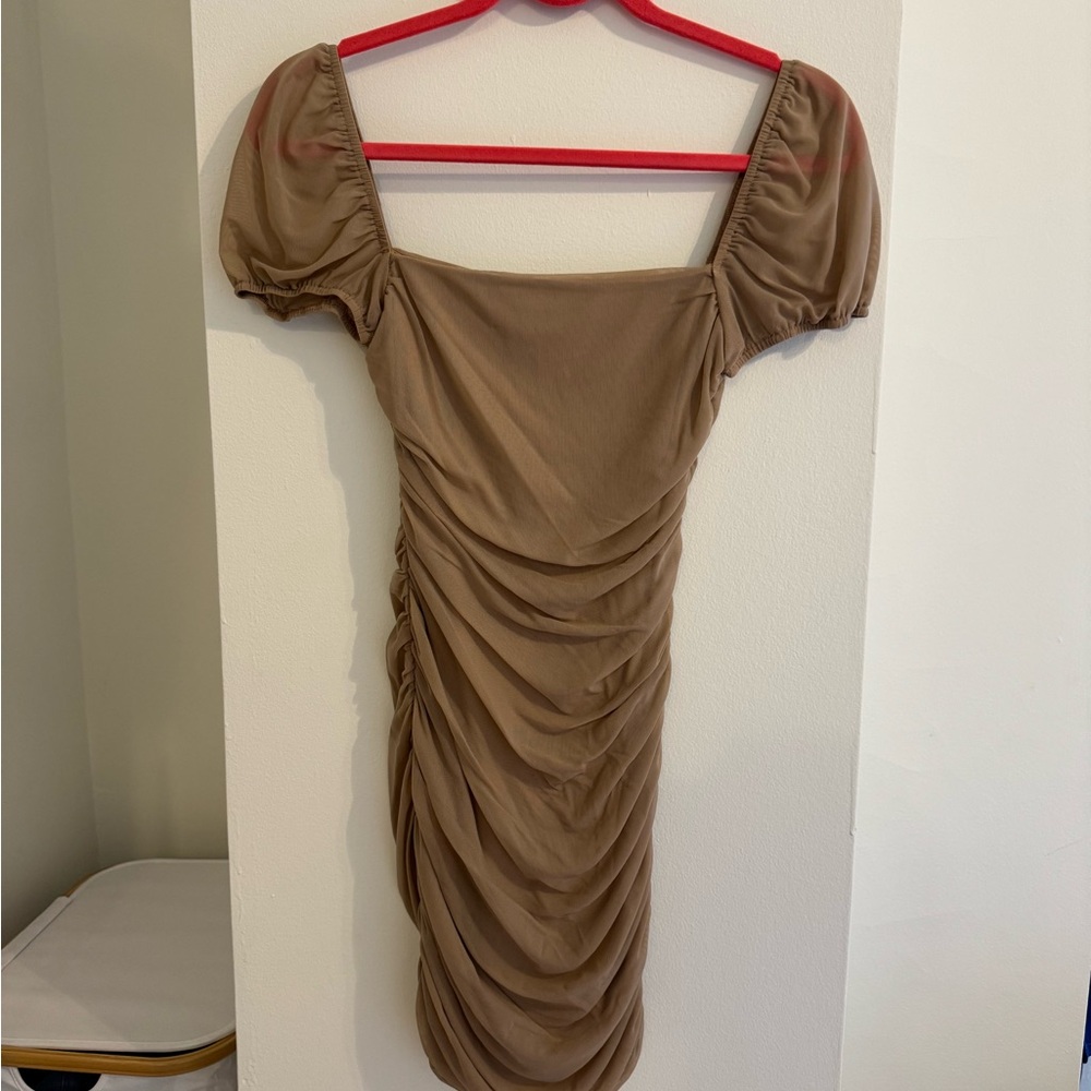 Princess Polly Tan Bodycon Mini Dress with Puff Sleeves
